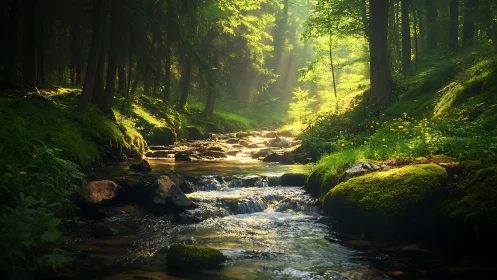 Peaceful sunlit forest stream with lush greenery and soft light.