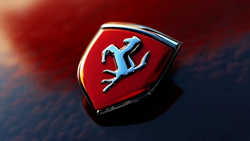 Chrome creature emblem gleaming on deep red auto hood.