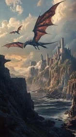 Stormlit dragons sweep past cliffside citadel at dusk