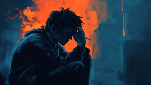 Chromatic tension study of pensive smoker in chiaroscuro glow.