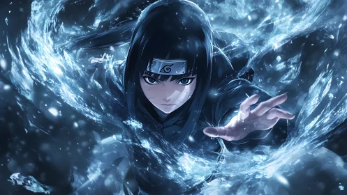 Intense anime ninja controls swirling blue water energy.