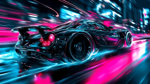 Neon hypercar blasts through wet cyberpunk city streets.