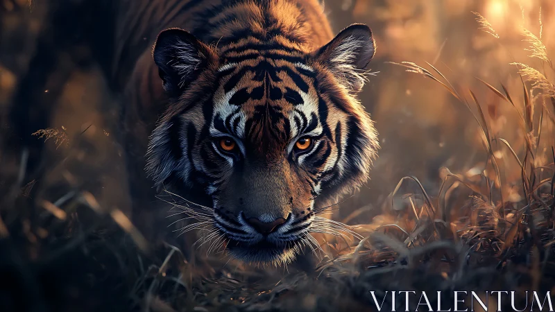 Stalking tiger moves through backlit grass at golden hour