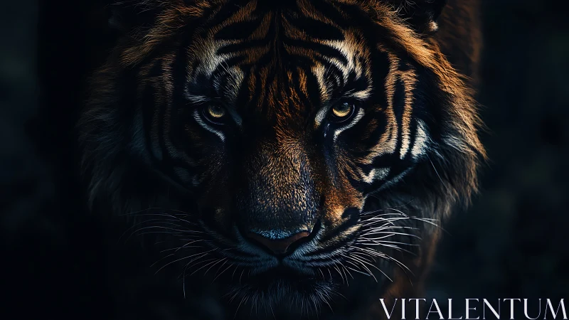 Predatory tiger portrait rendered in dramatic low key lighting