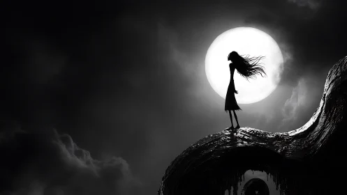Silhouetted girl on haunted hill beneath full moon glow.