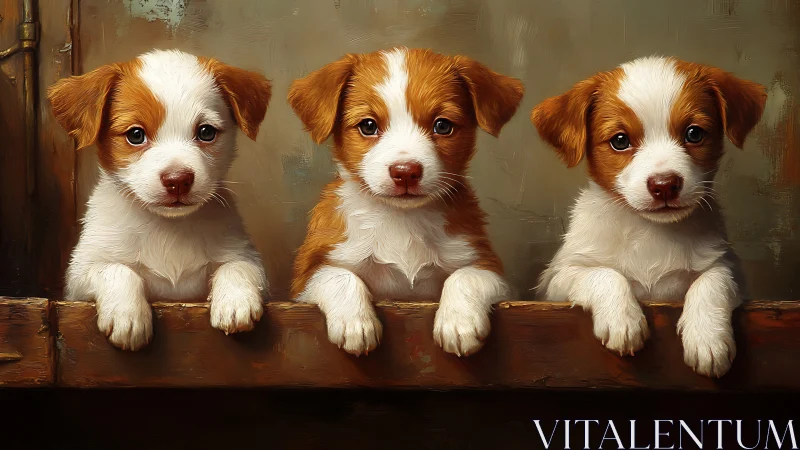 Triad of brown‑white puppies rendered with textured brushwork