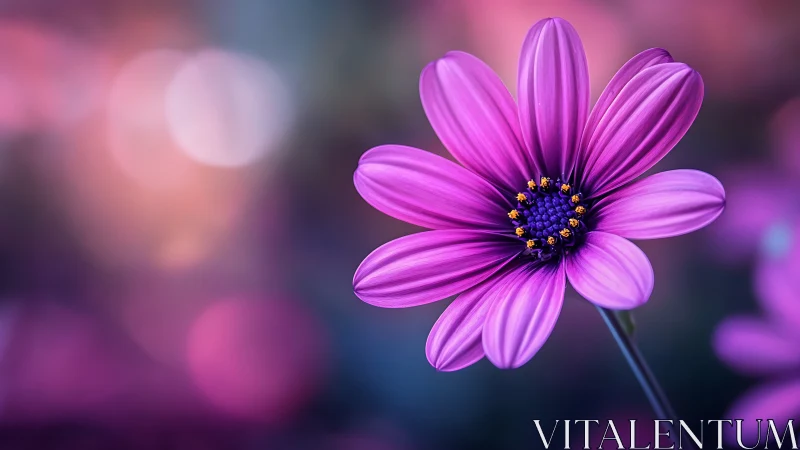 Purple Cosmos Flower with Yellow Stamens Against Blurred Background.