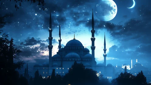 Moonlit mosque skyline beneath star-swept indigo heavens.