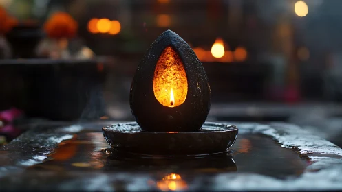 Stone oil lamp with central flame on reflective wet surface.