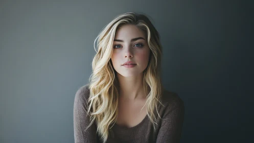 Calm blonde woman in soft light against gray studio wall.