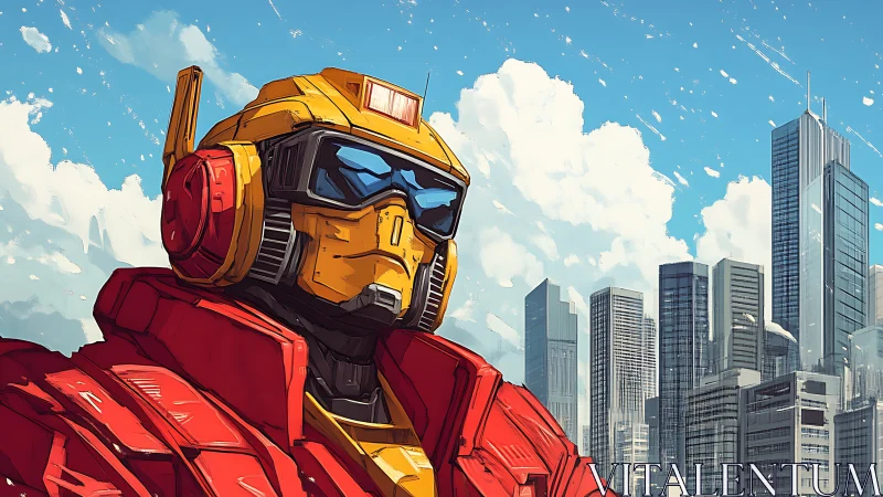 Friendly urban robot hero watching over the bright city.