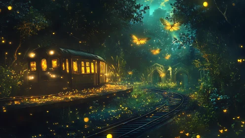 Glow-kissed forest train glides toward a dreamy, golden gateway