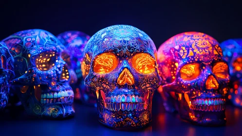 Glowing neon sugar skulls with intricate floral patterns.