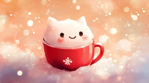 Cute Cat in Red Mug Surrounded by Snow