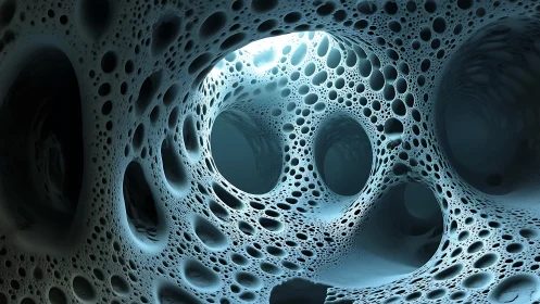 Fractal tunnel interior with porous organic lattice forms.