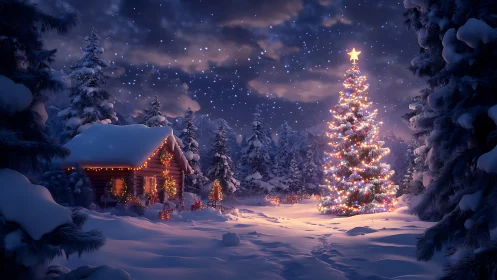 Snowy forest cabin glows beside a radiant Christmas tree