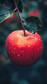 Macro close-up of dew-covered red apple with shallow depth of field