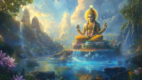 Radiant river deity on floating lotus isle at dawn.