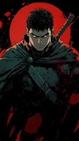 Brooding swordsman framed by crimson moon in dramatic anime