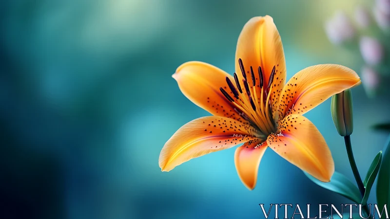 Golden Lily Bloom Against Turquoise Gradient Background