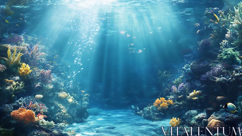 Sunlit coral reef scene with fish in clear blue water.