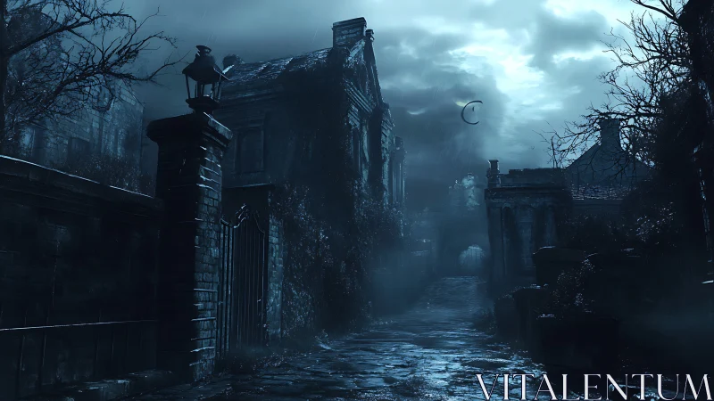 Moonlit abandoned street shows decayed mansions and foggy path