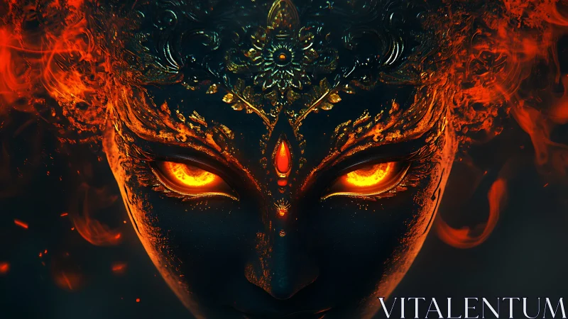 Ember-eyed goddess rising from swirling midnight flame.