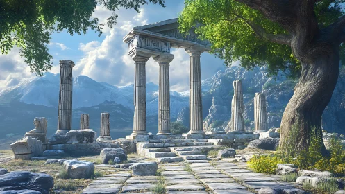 Ancient hilltop temple ruins under tree and mountains.