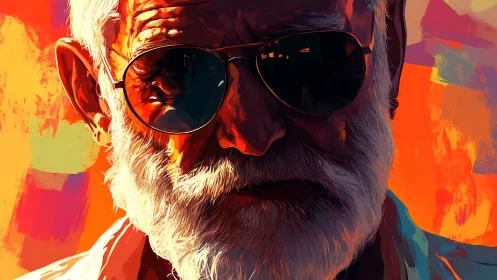 Older man in sunglasses against bold abstract colors.