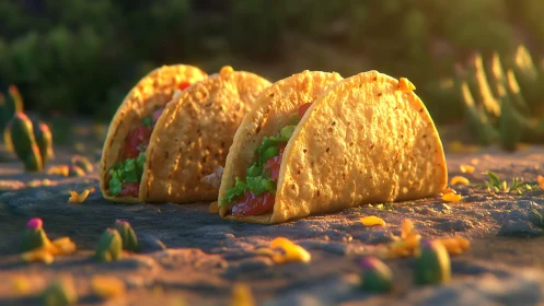 Sunlit crunchy tacos rest on textured stone surface