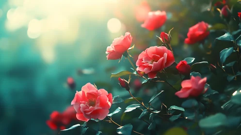Coral-Pink Hybrid Roses Rendered with Soft-Focus Bokeh and Warm Sunlit Cinematic Depth