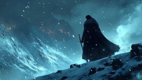 Lone warrior overlooking frozen mountainside in storm.