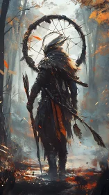 Solitary tribal figure with circular frame in misted forest.