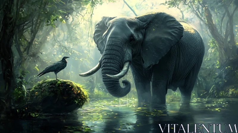 Elephant and marsh bird in misty backlit rainforest pool scene