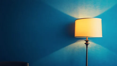 Warm floor lamp casts symmetric beam patterns on blue wall