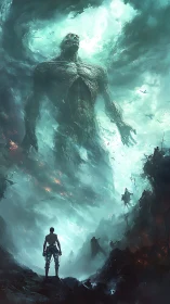 Human warrior confronts colossal glowing-eyed titan.