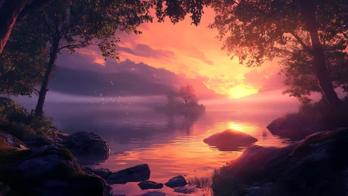 Twilight lake glows in ember skies and whispering mist.