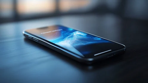 Modern smartphone displaying flowing digital interface on reflective surface.