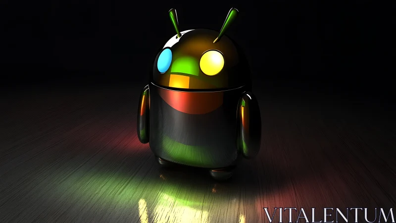 Chrome android mascot glows with neon reflections on floor.