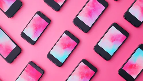 Smartphones form playful diagonal grid on vivid pink backdrop.