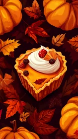 Pumpkin tart with cream amid pumpkins and autumn leaves.