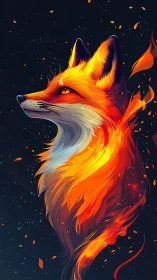 Fiery fox spirit gazes upward in swirling cosmic embers.