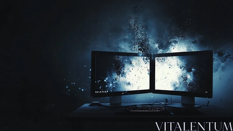 Dual monitors dissolving into cosmic blue digital nebula.