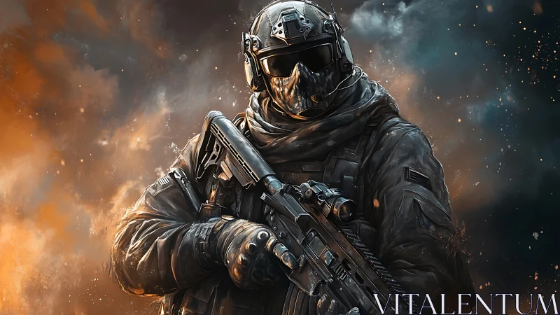 Armored special forces soldier stands in fiery battlefield haze