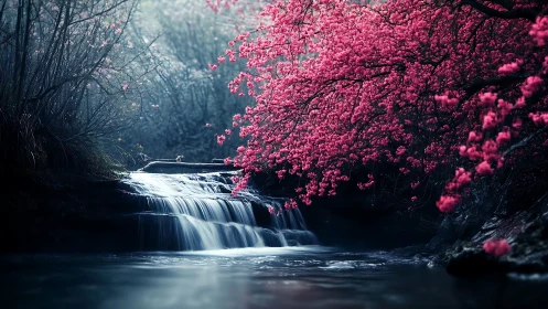 Waterfall flows beneath dense pink blossom tree canopy
