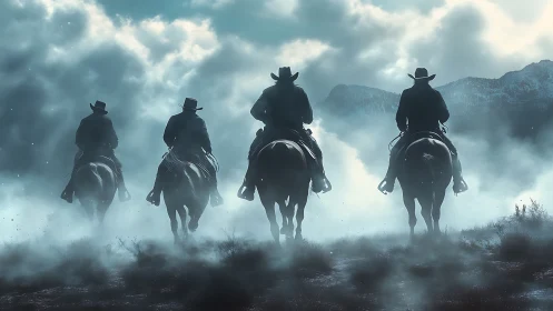 Four cowboys on horseback ride through misty mountain plain.
