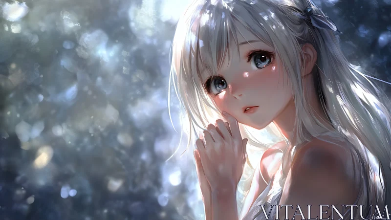 Silver haired girl under dappled forest light, soft focus.