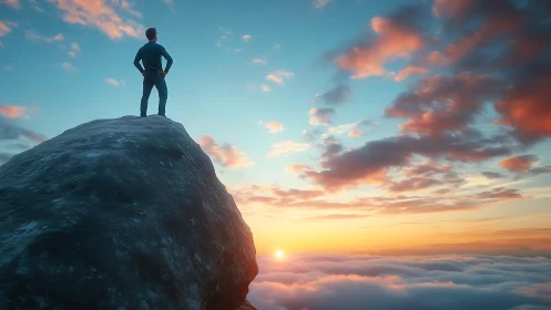 Figure stands on rock outcrop above cloud layer at sunrise