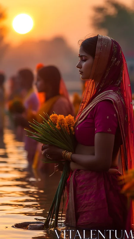 Graceful riverside prayer at sunset with glowing marigolds.