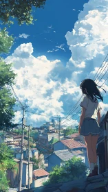 Summer hillside townscape with contemplative schoolgirl figure.